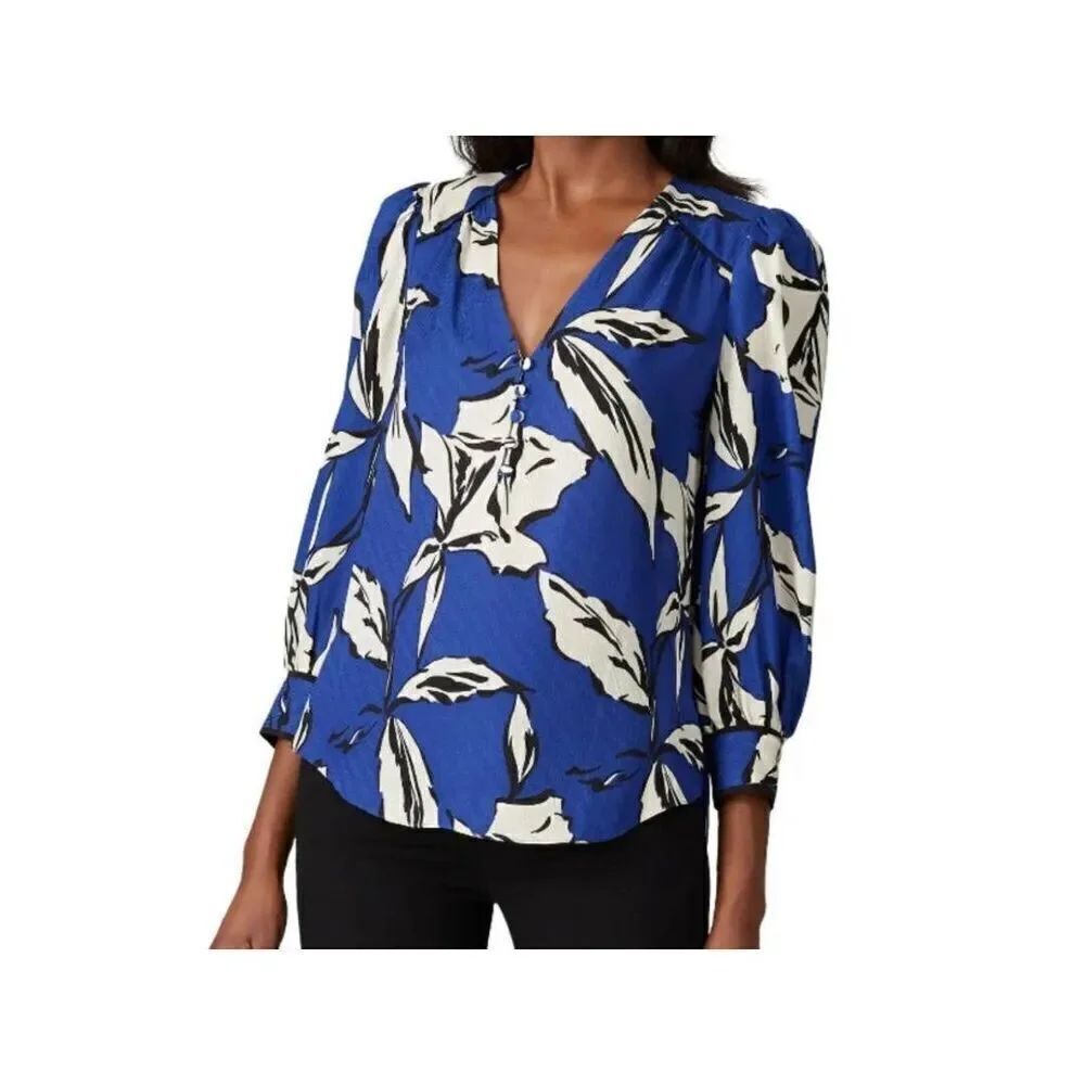 VERONICA BEARD Milan Floral Print Silk Blend Jacquard Blouse in Blue Size 2